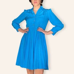 Vtg Blue fit and flare pleated Midi Petite Dress ladies M/L